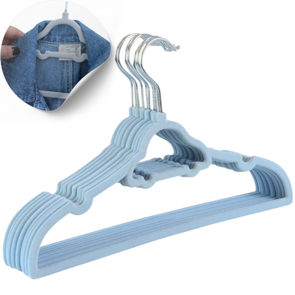 Kit【10】UN Cabide Carrinho Azul de Veludo Infantil Ultrafino – Ideal para roupas infantis e de bebê em Oferta na Shopee