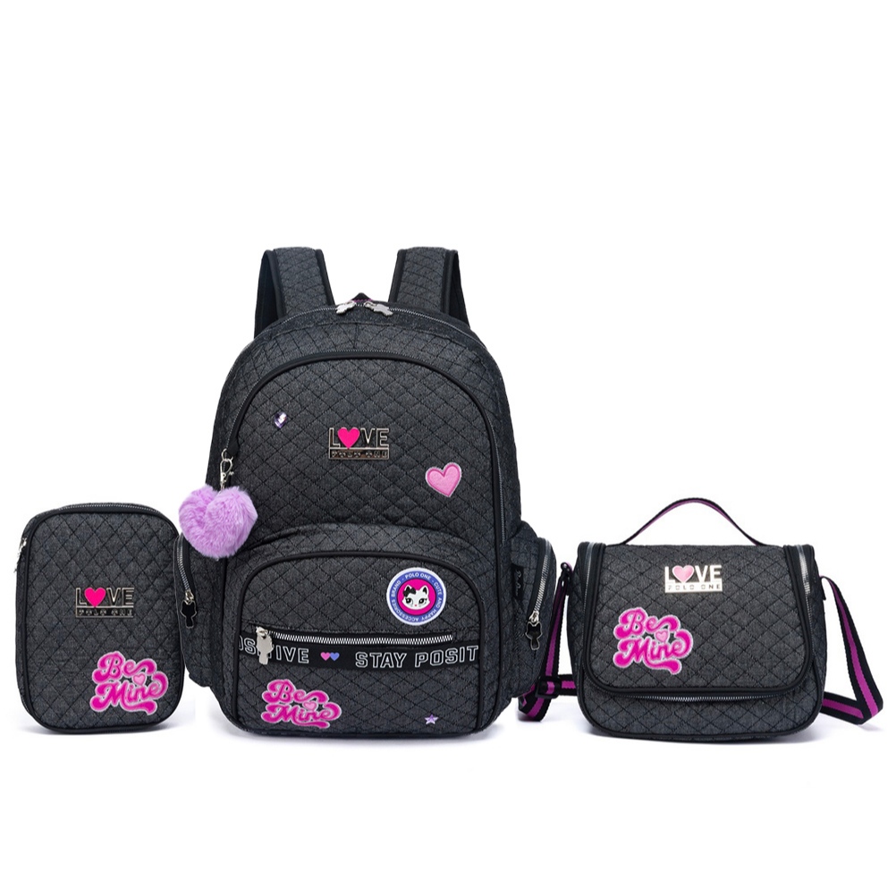 Kit Mochila Escolar Feminina Jeans Com Brilho Lancheira Térmica Estojo