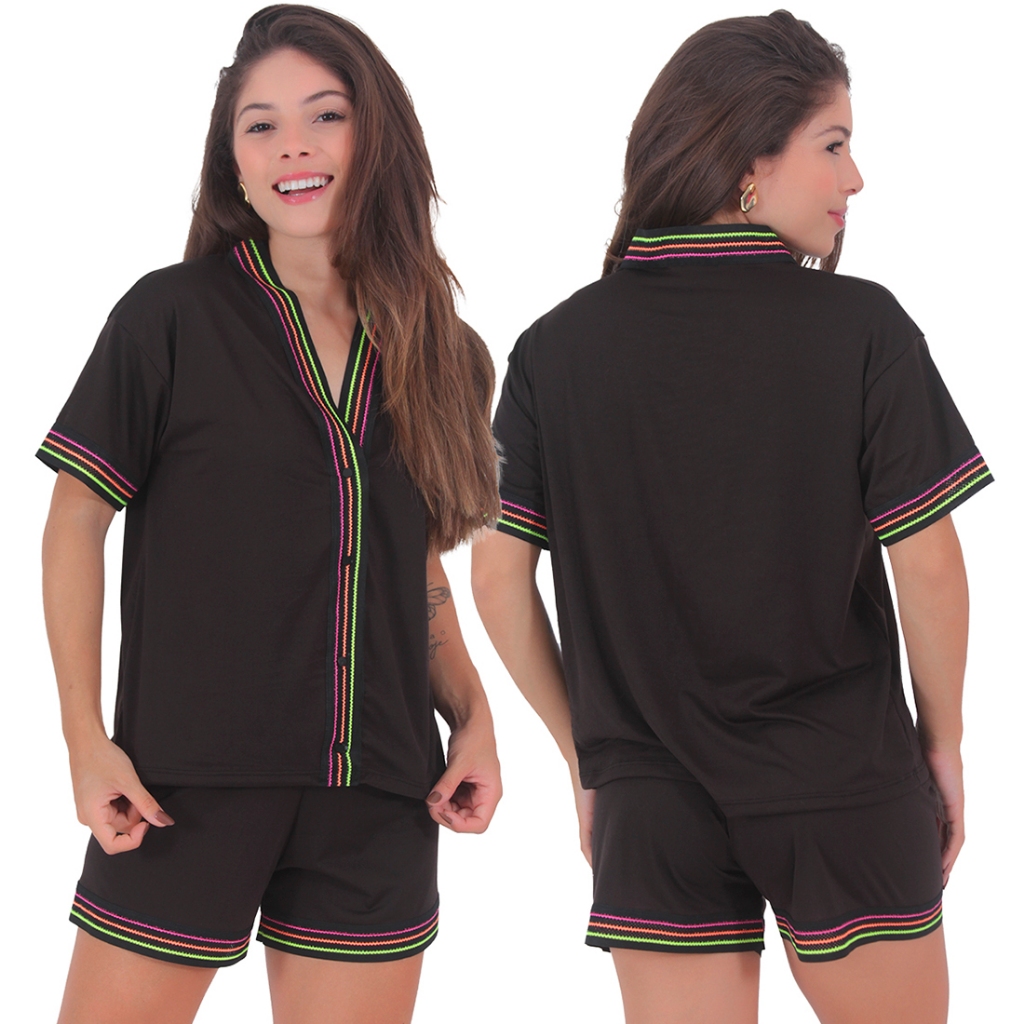 Detalhes do Pijama Feminino Americano Suede Fechado Blogueirinha Short Doll Boa Forma