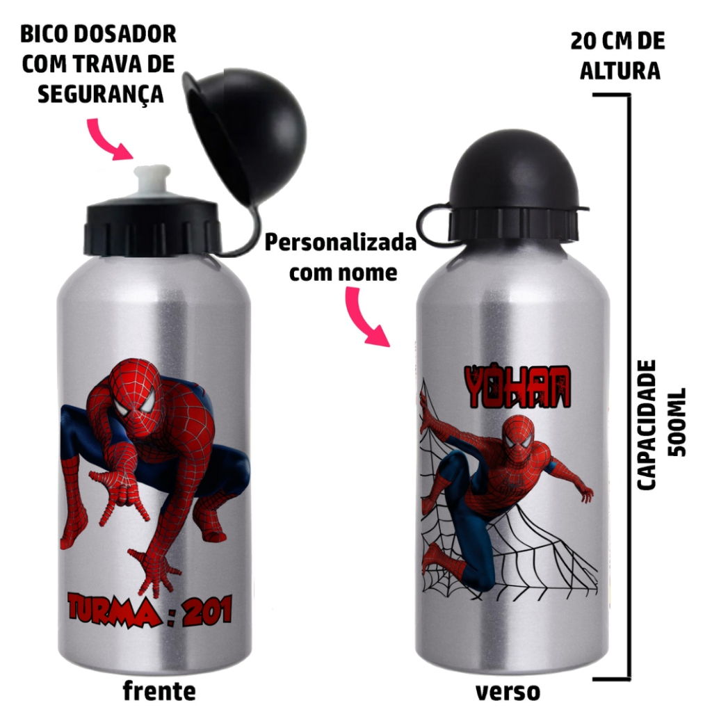 Garrafa de água Squeeze Personalizada para escola com nome e turma  - Tema Homem aranha em Oferta na Shopee