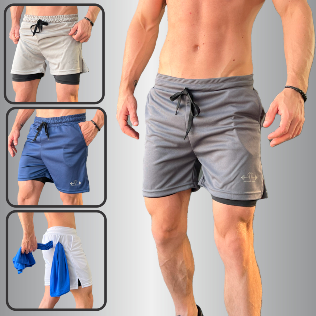 Shorts para corrida com forro e bolso para celular 2em1 - Tecnologia Dry Fit em Oferta na Shopee