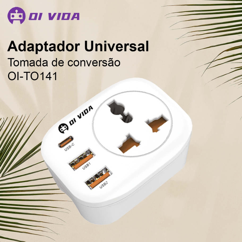 Tomada Conversor Multifuncional 10A com 2 USB e 1 USB-C 12W OI-TO141 Portátil