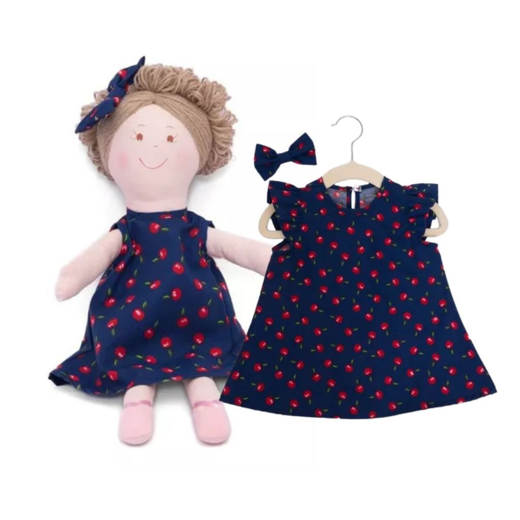 Kit Vestido Infantil Com Boneca De Pano Mais Laço De Cabelo Morena e Loira