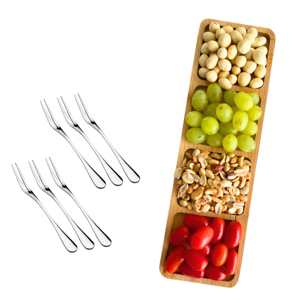 Petisqueira de Bambu Kit Petisqueira Tábua de Frios Mesa Posta com Garfos de Frutas