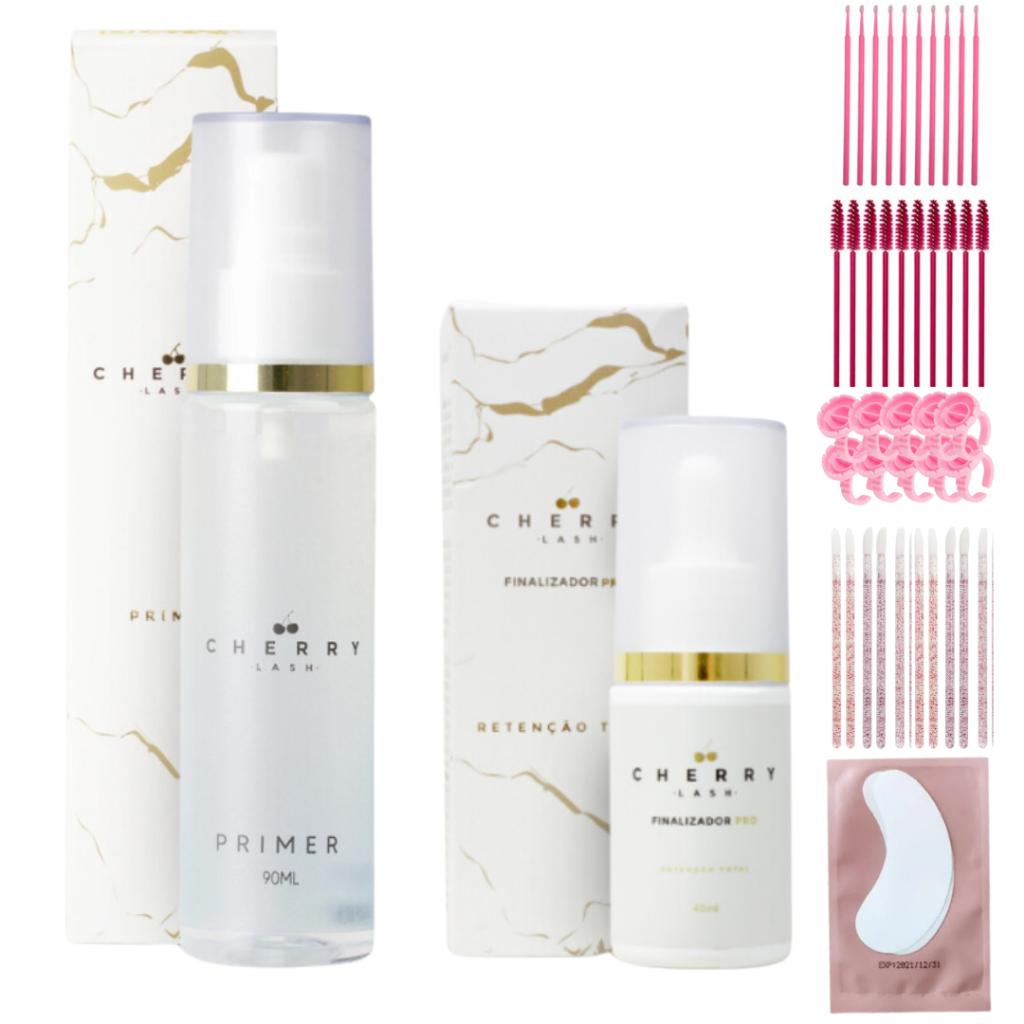 Kit Cherry Lash Finalizador e Primer para Extensão de Cílios Kit Retenção Cherry