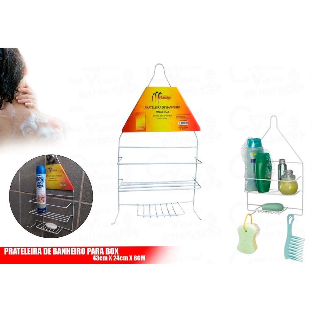 Detalhes do Suporte De Ferro Prateleira Saboneteira Banheiro 46x15cm AX19095-A Aliança Organizador Shampoo Top