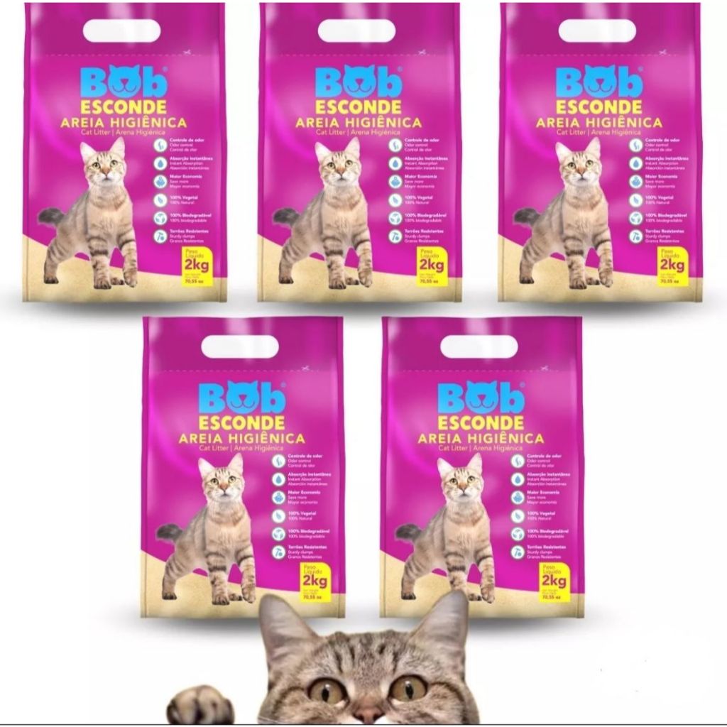 Kit 5 Unidades Areia Higiênica para Gatos Bob Esconde com Extrato de Mandioca Biodegradável 10Kg