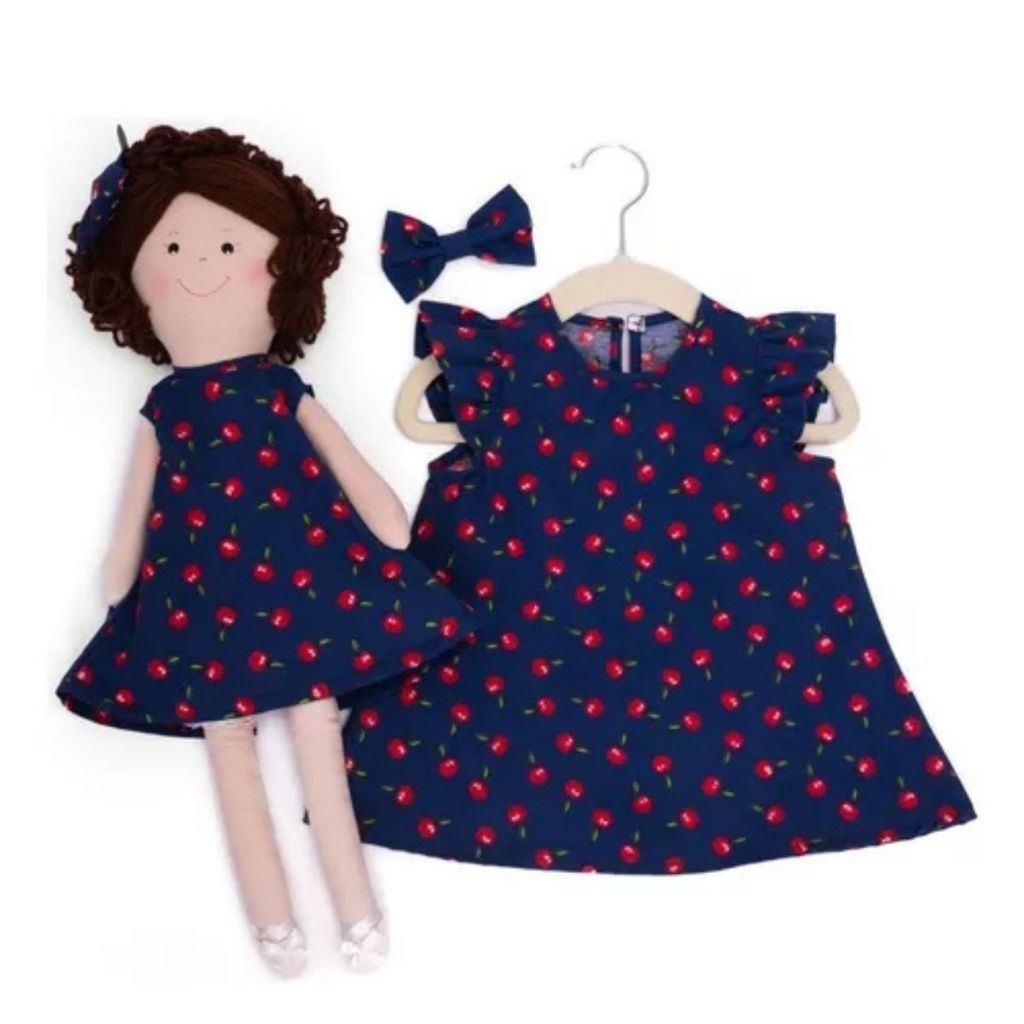Kit Vestido Infantil Com Boneca De Pano Mais Laço De Cabelo Morena e Loira envio imediato