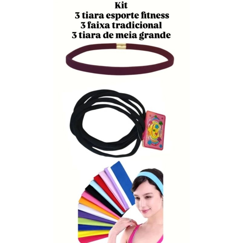Kit 3 tiara esporte fitness
3 faixa tradicional 
3 tiara de meia grande 
(Total de itens 9 unidades)
