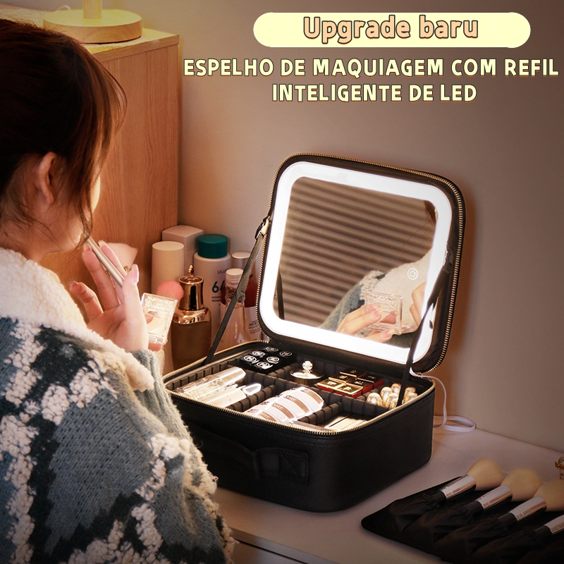 Kit Maleta Maquiagem Com Espelho e Luz Led Usb Com Cabo Makeup Profissional-million_shop.br