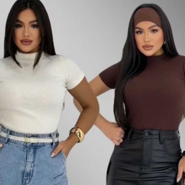 KIT DUAS CAMISETAS FEMININAS ESTILOSAS LISAS CANELADAS BLUSA TENDÊNCIA