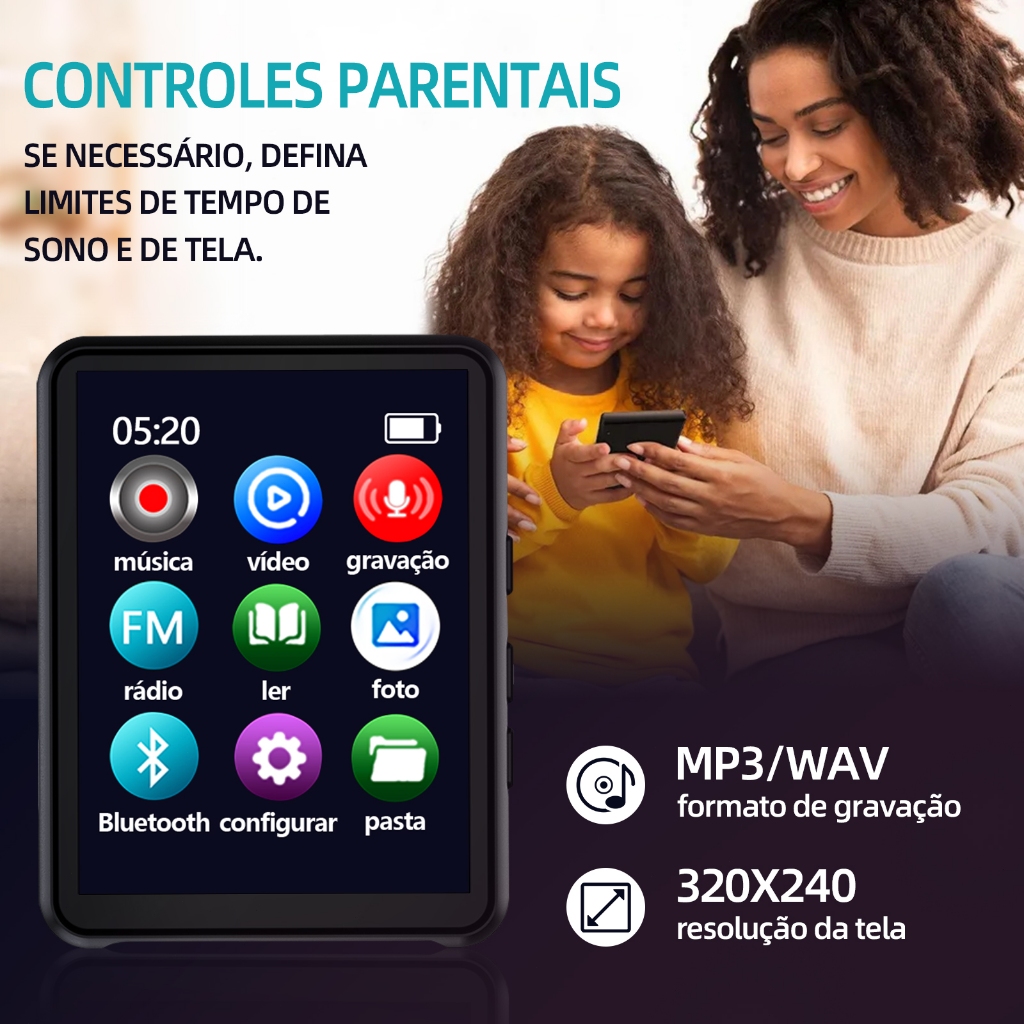 MP3 MP4 Player Bluetooth5.0 HiFi Lossless Sound Touch Screen Multifuncional Gravação Cartão Micro SD