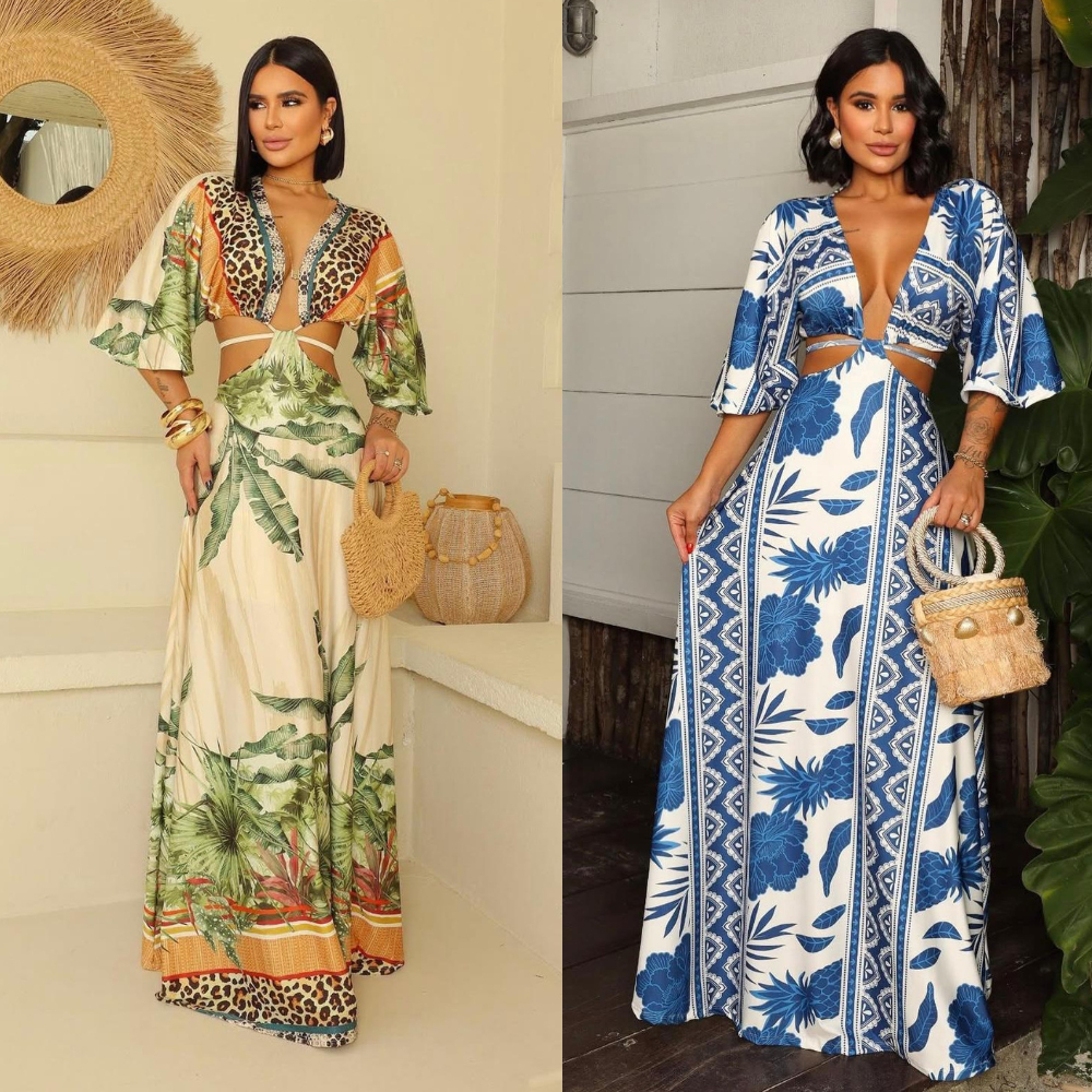 Vestido longo feminino estampado com manga morcego decotado cintura vazada e amarrações ma...