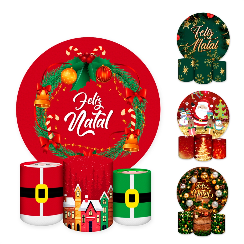 Kits Painel Redondo + Capas de Cilindro Sublimados Para Festa de Natal, Papai Noel