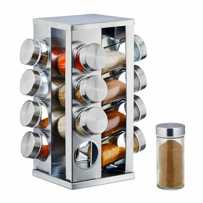 Porta Tempero Condimento Inox Suporte Giratório 16 Potes de Vidro
