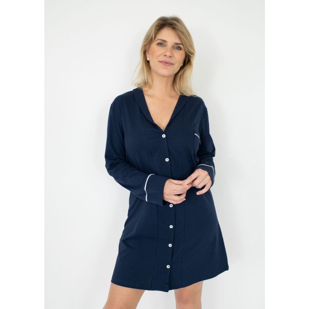 Camisola Feminina Americano Botões Frente Manga Longa Algodão Amamentação Pós-cirúrgico-Marinho