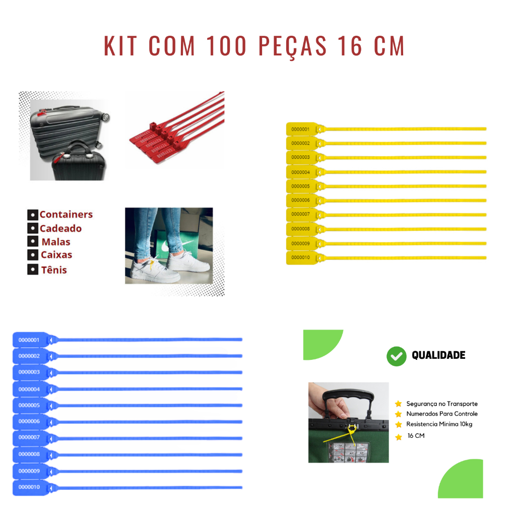 Kit 100 Lacres 16cm Numerado Segurança Malote  Uso Hospitalar Malas Viagem Bolsa - Varias Cores em Oferta na Shopee