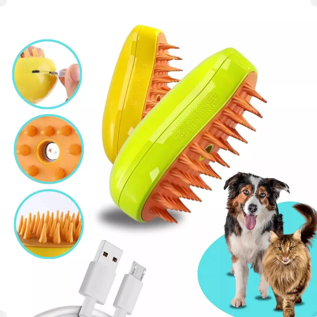 Escova Vapor Elétrica Pet Cães Gatos 3 Em 1 Tira Pelos Massagem Pet USB Portátil - Pets