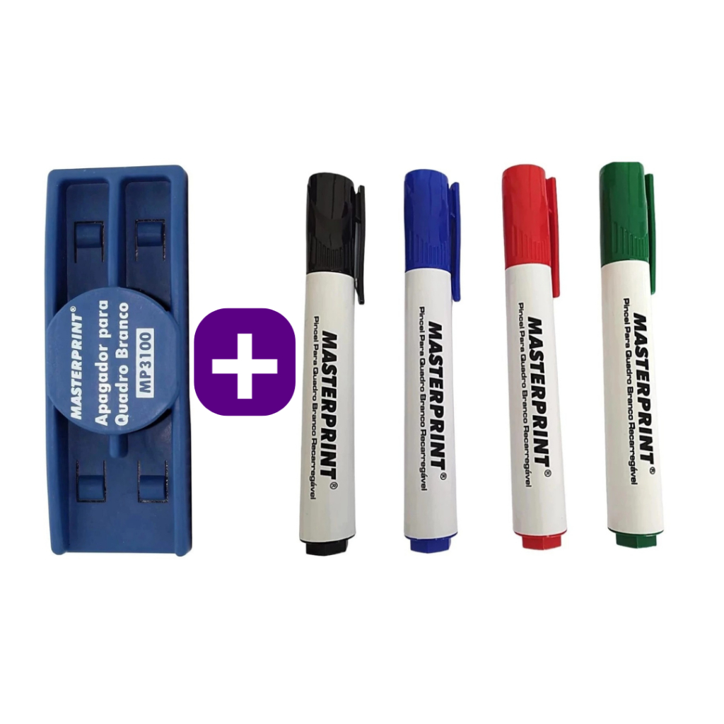 Kit 4 Pincel Para Quadro Branco Diversas Cores Recarregável + Apagador Quadro Branco Masterprint em Oferta na Shopee