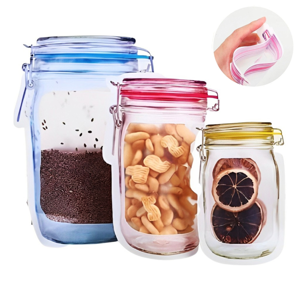 Kit 9 Saco Zip Lock Hermético Embalagem para Alimentos Reutilizável Desenho de Pote em Oferta na Shopee