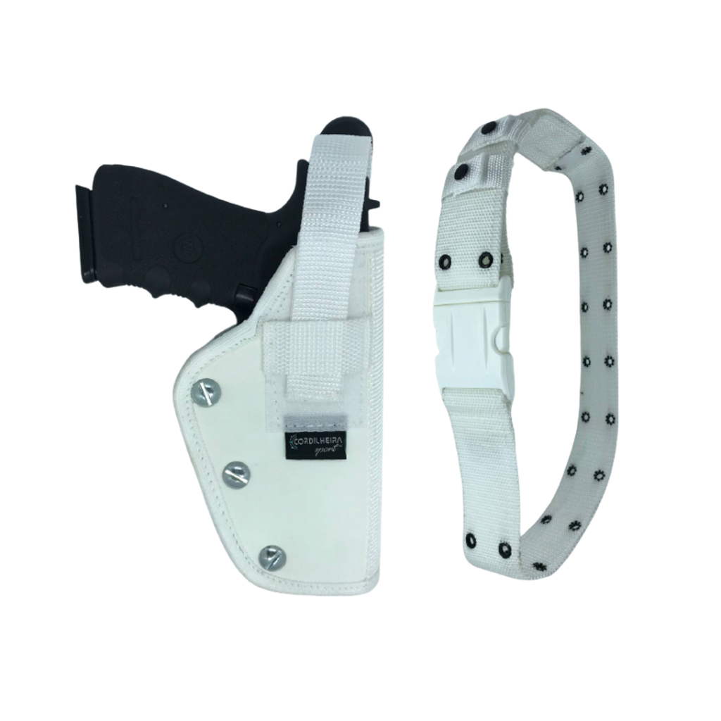 Coldre Destro (Lado Direito) Panqueca Parafuso Saque Rápido Branco Cintura + Cinto Tático com Ilhós