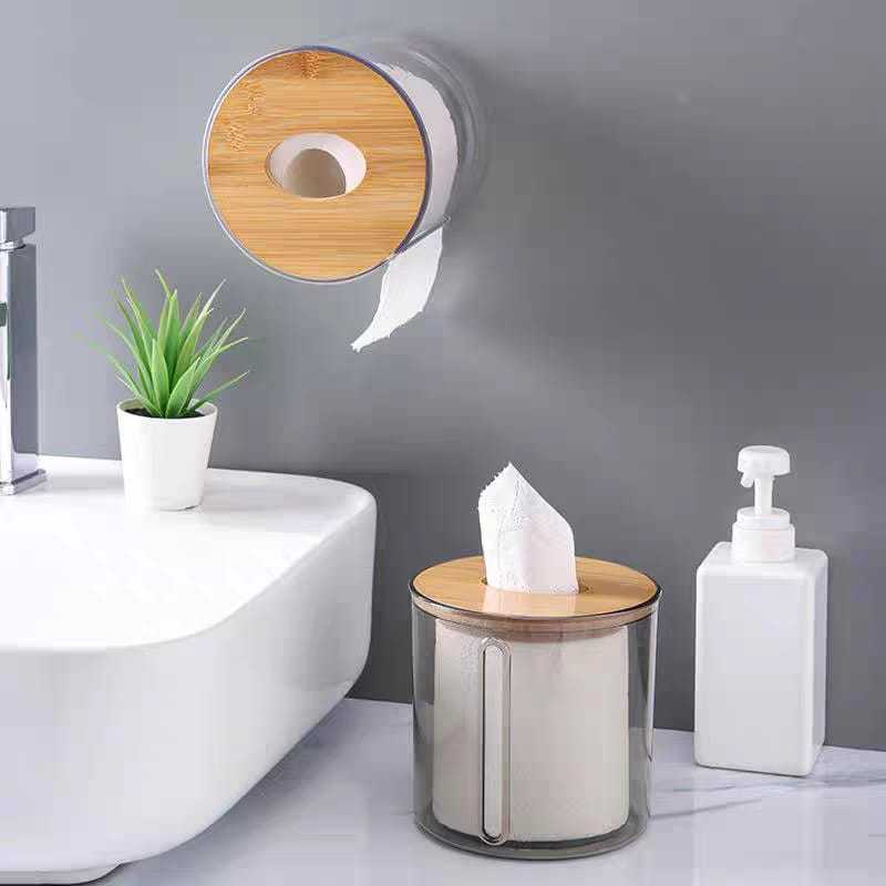 Porta Papel Higienico Luxo Transparente Com Tampa De Bambu Decorativo Elegante