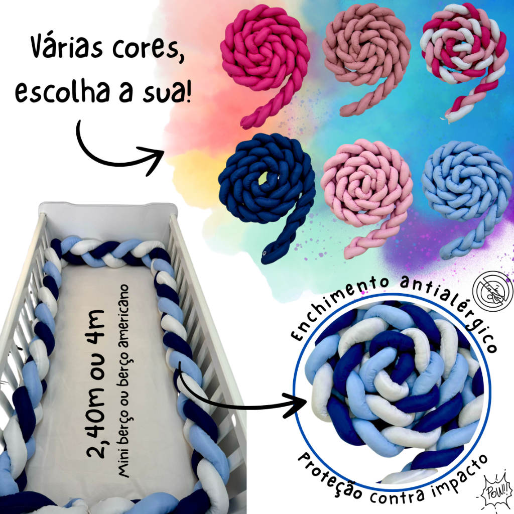 Trança Protetora Avulsa 2,40 ou 4 metros Berço Americano Mini Cama Menino Menina Pronta Entrega