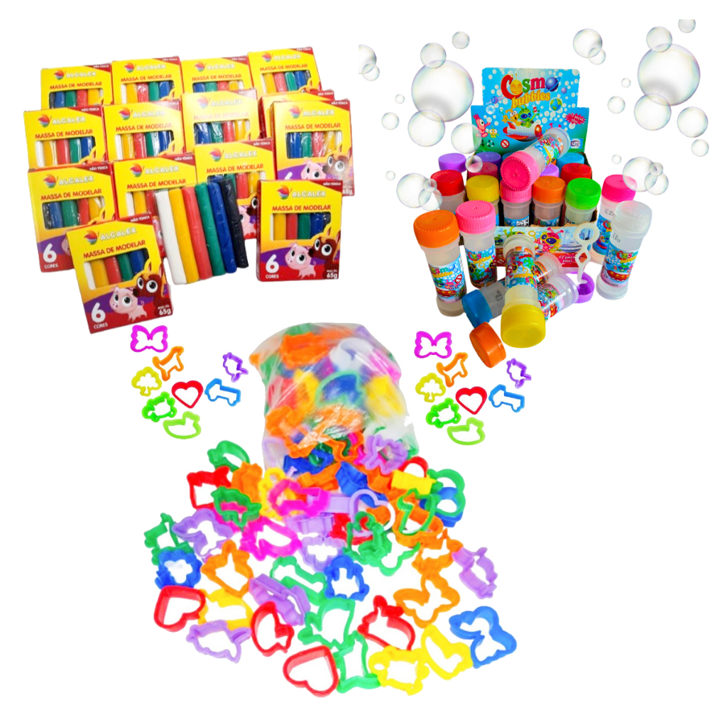 Kit 30 Massinha de Modelar + 30 Bolha de Sabão + 30 Cortador Forminha Infantil Lembrancinha