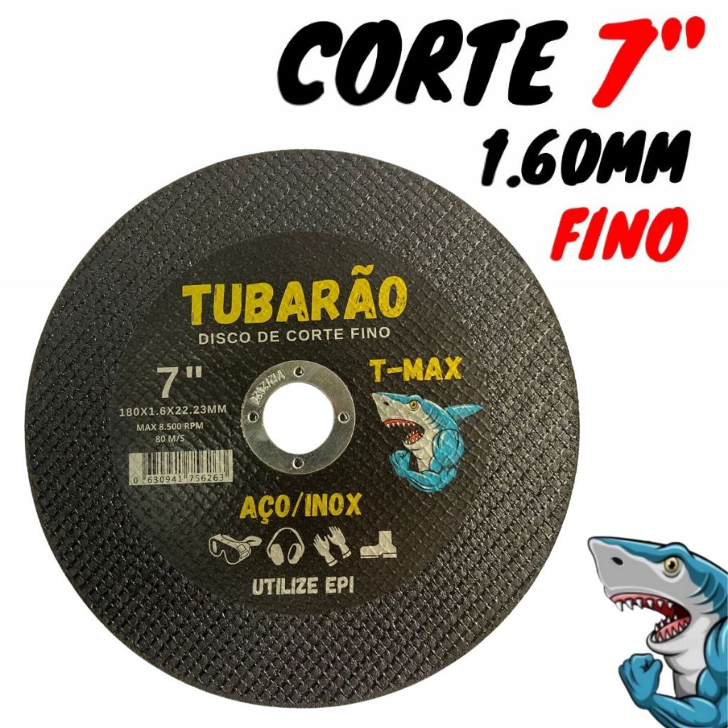 Disco de Corte 7'' x 1,60mm Furo 7/8" Inox e Metal - Tubarão