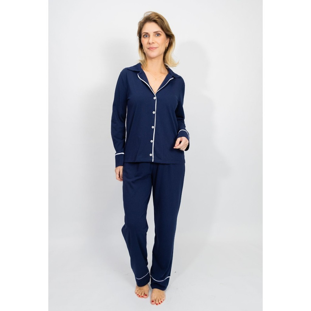 Pijama Feminino Americano Longo Abertura com Botões  Algodão Amamentação Pós-Cirurgico-Azul Marinho em Oferta na Shopee