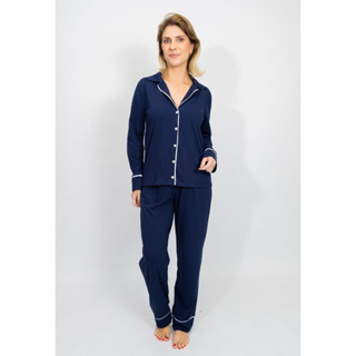 Pijama Feminino Americano Longo Abertura com Botões  Algodão Amamentação Pós-Cirurgico-Azul Marinho em Oferta na Shopee