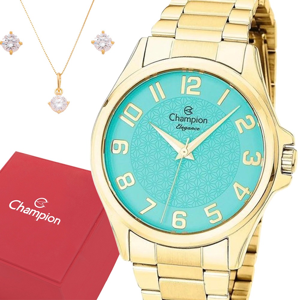 Relógio Champion Feminino Dourado Azul Prova d'água com 1 ano de garantia e colar e brincos em Oferta na Shopee