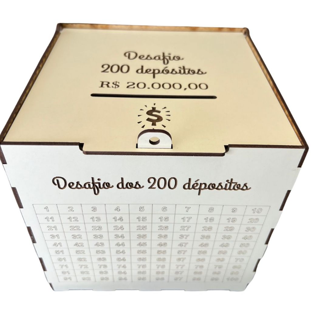 Cofre Desafio 20 mil em 200 Depósitos Caixa Para Guardar Dinheiro Com Alça De Cadeado Em MDF Branco