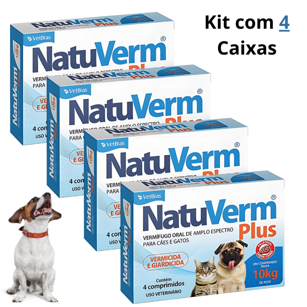 Vermífugo Natu Verm Plus Giardia Cães E Gatos Kit 4CX