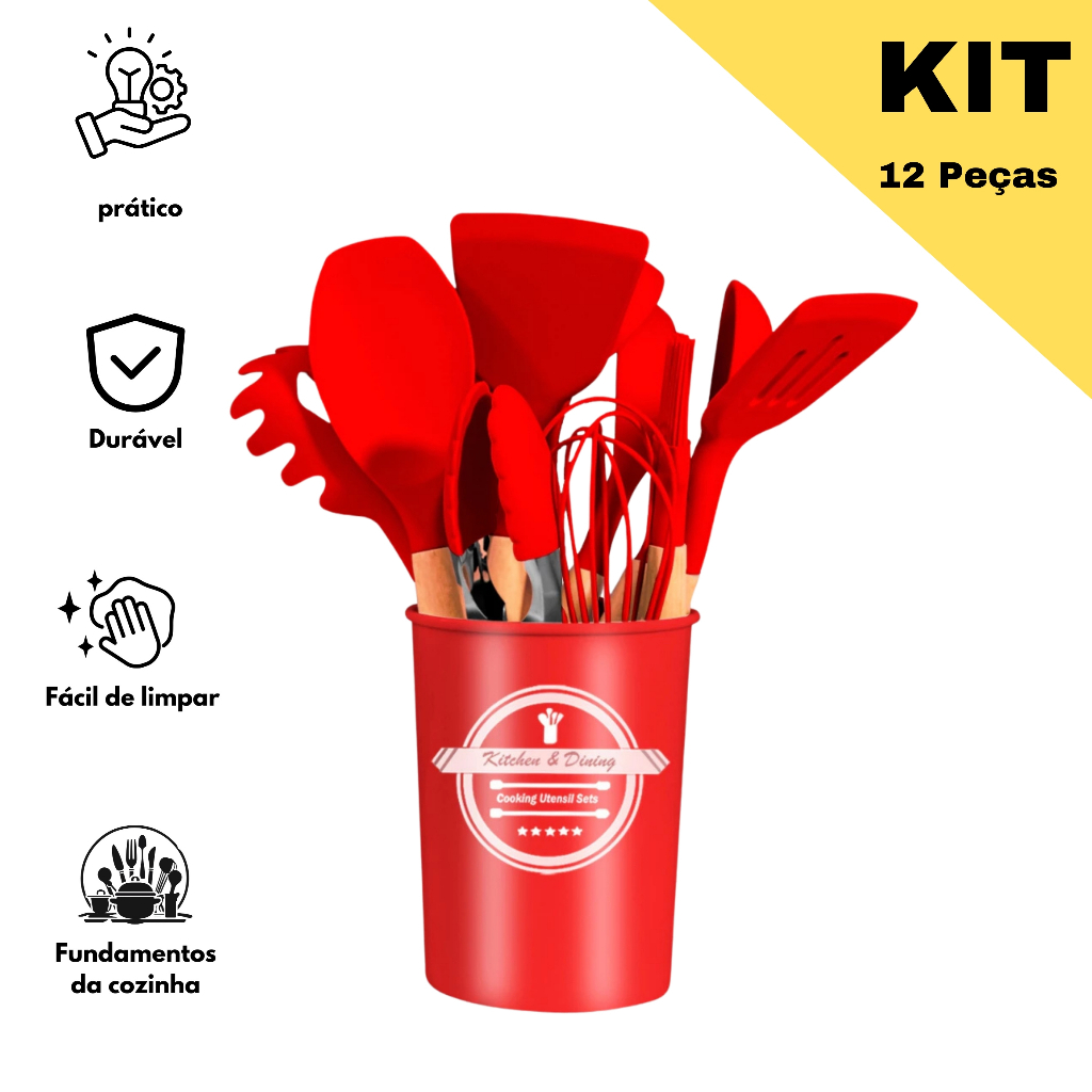 KIT de Utensílios Para Cozinha em Silicone e Bambu 12 Peças
