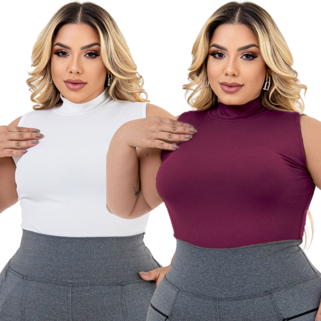 Kit 2 Blusas Feminina Plus Size Regata Gola Alta Canelada Premium Casual G1 a G3 Confortavel