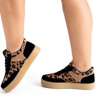 Tênis Feminino Lumiss Camurça Flatform Confortável Casual Animal Print Onça