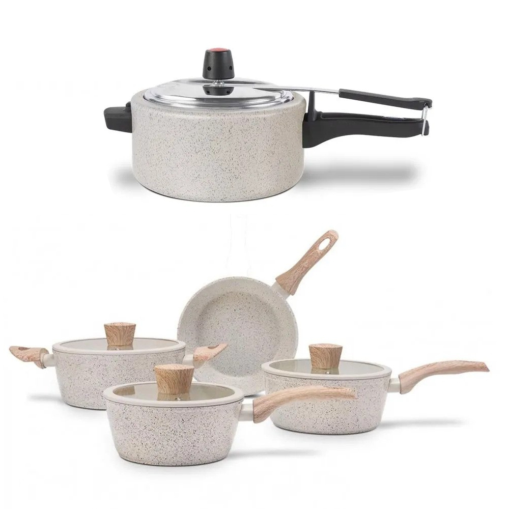 Kit Panela Pressão 3L Cerâmica Vanilla Brinox + Jogo Panelas 4 Peças Indução Cerâmica Vanilla Brinox