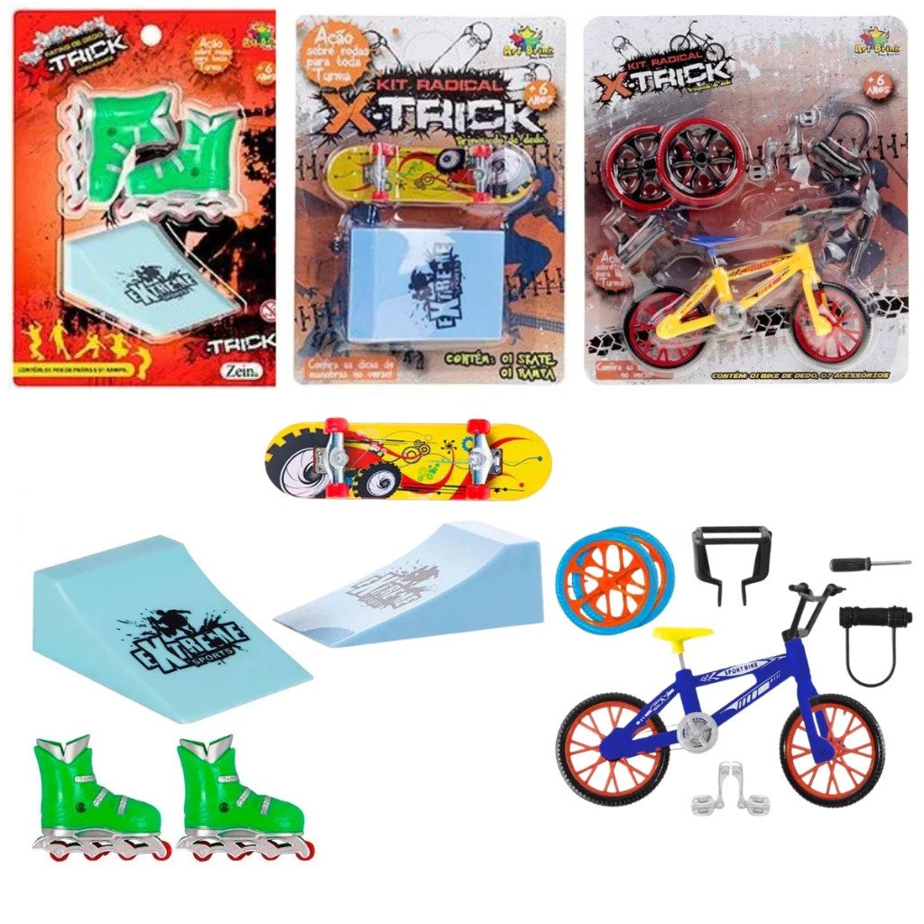 kit 3 brinquedo skate dedo com rampa bicicleta dedo e patins dedo + rampa presente