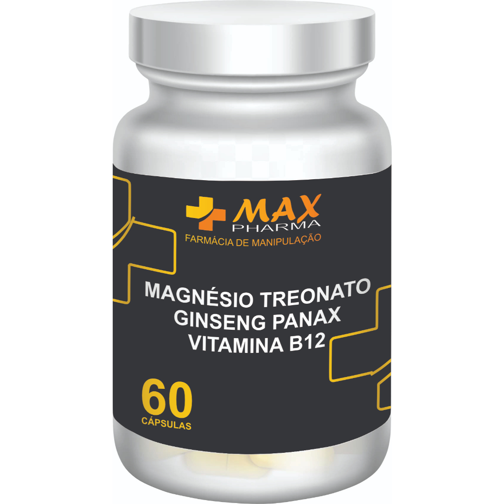 Magnésio Treonato 500mg + Ginseng Panax 100mg + Vitamina B12 1000mcg 60 Cápsulas