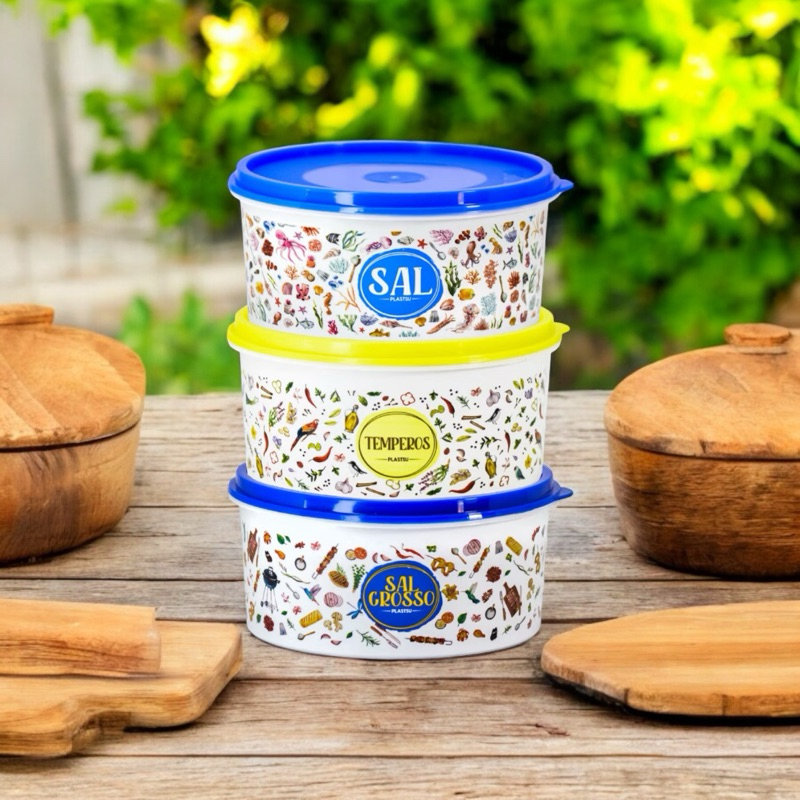 Kit 3 Potes para Mantimentos Linha Floral Tamanho P (Sal,Tempero,Sal Grosso)
