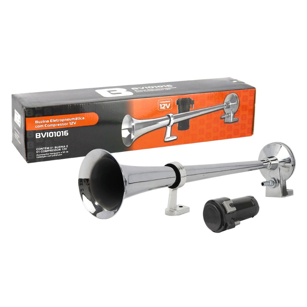 Buzina Maritima A Ar Eletropneumática 12V 45cm Corneta Cromada Com Compressor Kit Completo