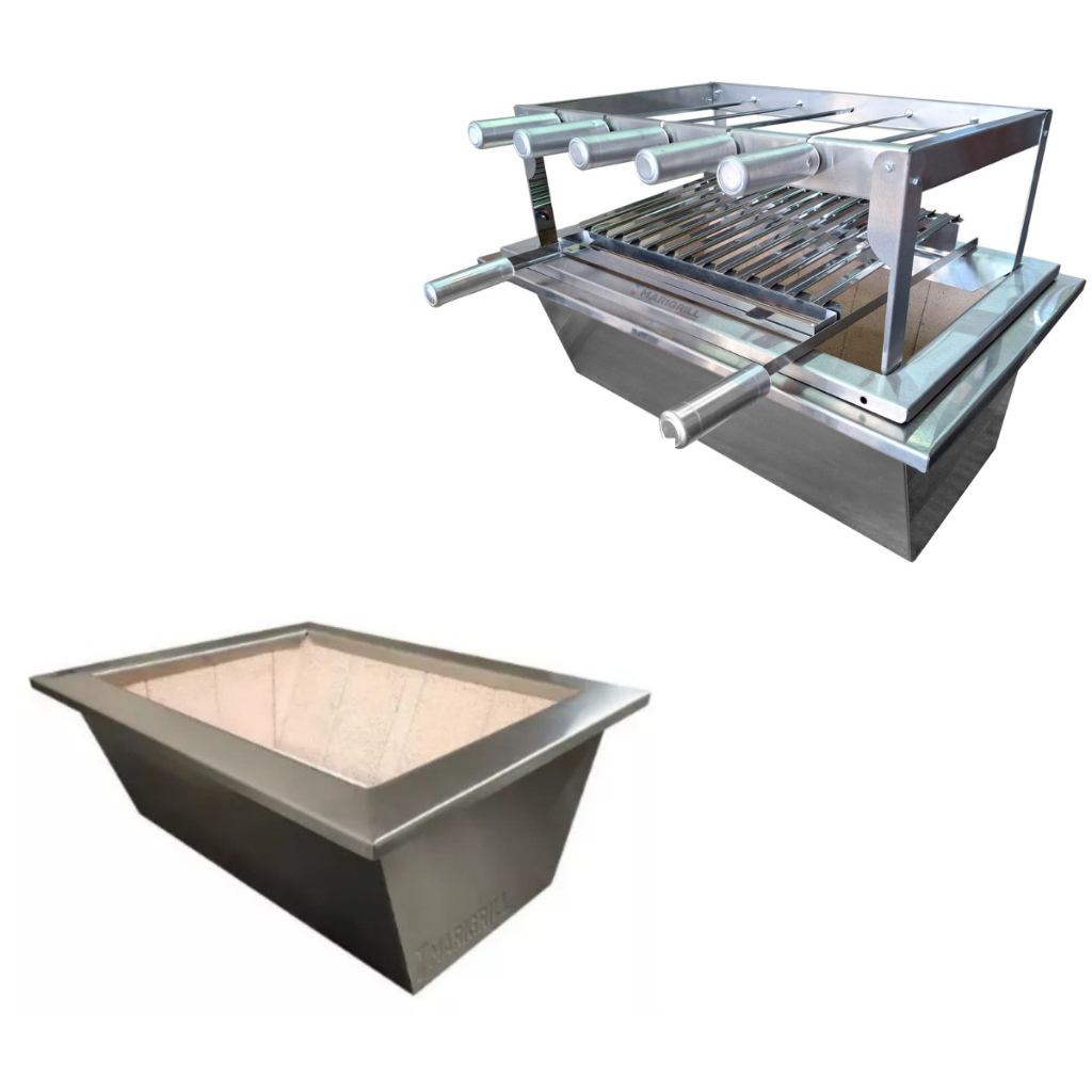 BRASEIRO PREMIUM COM MANTA TÉRMICA E REFRATÁRIO 60x50cm+ SUPORTE + 4 ESPETO + GRELHA MOEDA