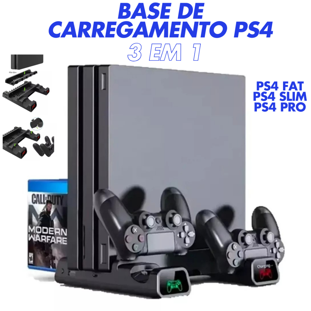 Base PS4 FAT SLIM PRO 3 em 1 Suporte Vertical com Carregador Duplo e Cooler 3 Em 1 Compatível com Playstation 4