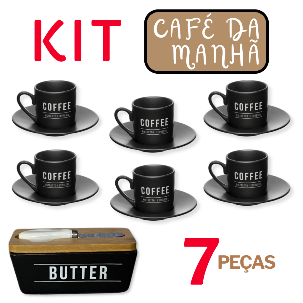 Kit Café Da Manhã Cozinha Jogo de 6 Xícaras Preto Porta Manteigueira Tampa Bambu Presente Chá Bar
