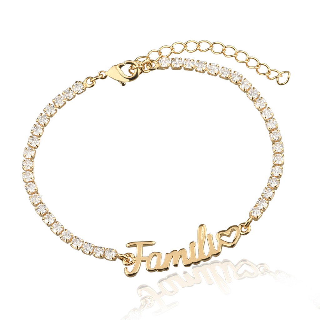 PULSEIRA BANHADO A OURO BRACELETE RIVIERA FAMILIA CORACAO FOLHADO 18K - SEMI JOIA