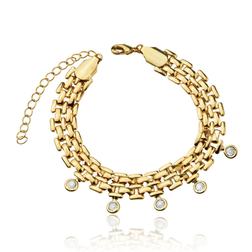 PULSEIRA BANHADO OURO BRACELETE CORRENTE 5 ZIRCÔNIA PEDURAS FOLHADO 18K - SEMI JOIA