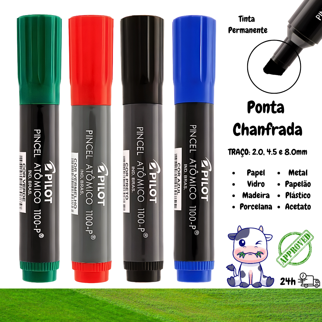 KIT 04 Marcadores Pincel Atômico 1100 Permanente Canetão Ponta Chanfrada Recarregável Pilot em Oferta na Shopee