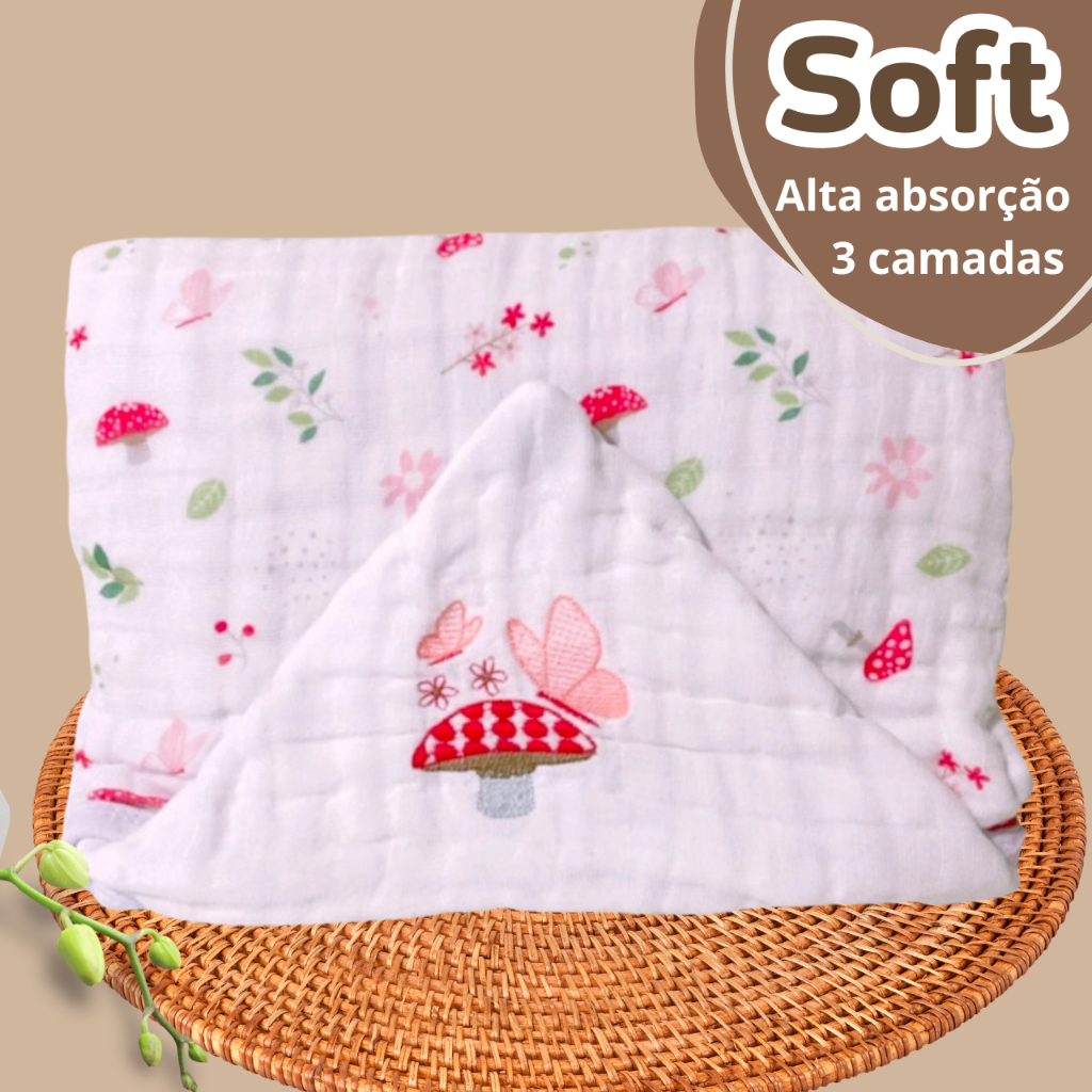 Toalha De Banho Bebê 100% Algodão Soft 3 Camadas Com Capuz Bordado 85x85cm Enxoval Menina