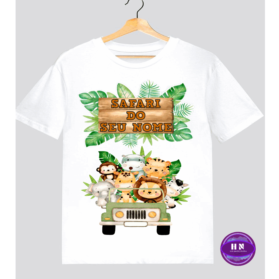 Camisa Camiseta Safari Infantil Personalizada Com Nome Menino e Menina